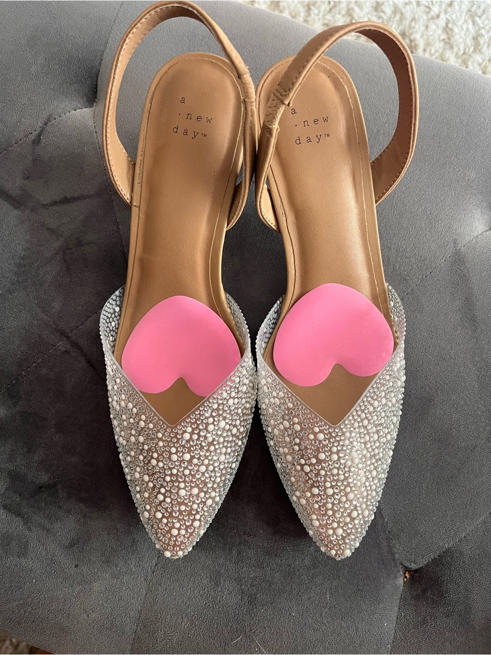 a new day Tan Crystal-Embellished Pointed Slingback kitten heel.